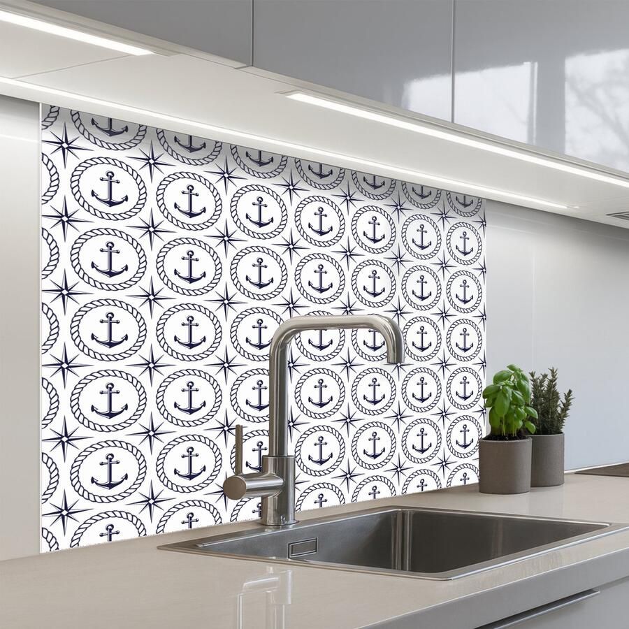 KitchenYeah Keuken achterwand 100x80 cm Spatscherm zelfklevend Anker Haven Blauw Wit Muurbeschermer Spatwand fornuis