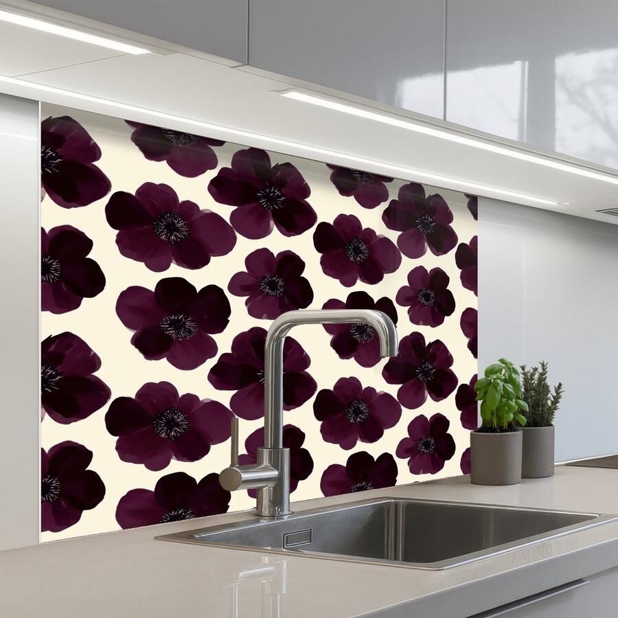 KitchenYeah Keuken achterwand 100x80 cm Spatscherm zelfklevend Bloemen Aquarel Paars Muurbeschermer Spatwand fornuis