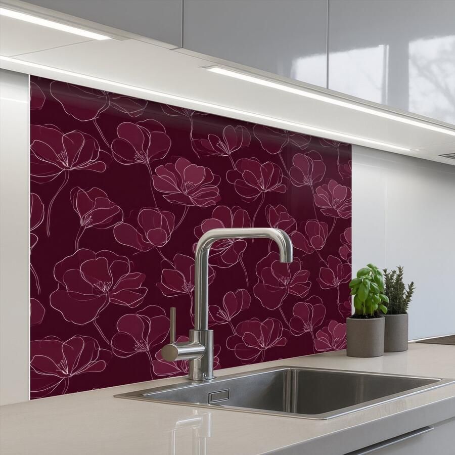 KitchenYeah Keuken achterwand 100x80 cm Spatscherm zelfklevend Bloemen Patroon Bordeauxrood Muurbeschermer Spatwand fornuis