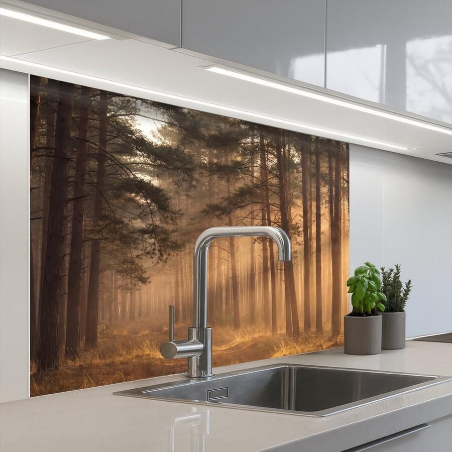 KitchenYeah Keuken achterwand 100x80 cm Spatscherm zelfklevend Bos Mist Zonlicht Muurbeschermer Spatwand fornuis