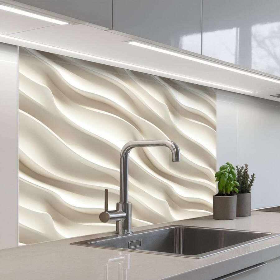 KitchenYeah Keuken achterwand 100x80 cm Spatscherm zelfklevend Diagonaal Golven Crème Muurbeschermer Spatwand fornuis