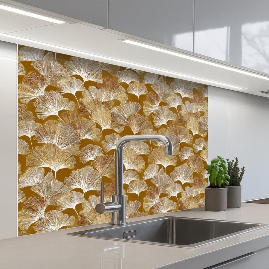 KitchenYeah Keuken achterwand 100x80 cm Spatscherm zelfklevend Ginkgo Bladeren Goud Muurbeschermer Spatwand fornuis