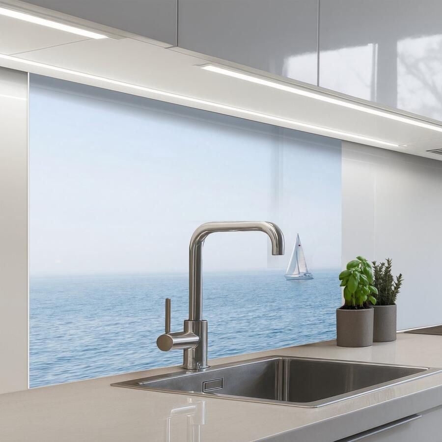KitchenYeah Keuken achterwand 100x80 cm Spatscherm zelfklevend Horizon Zeilboot Zee Muurbeschermer Spatwand fornuis