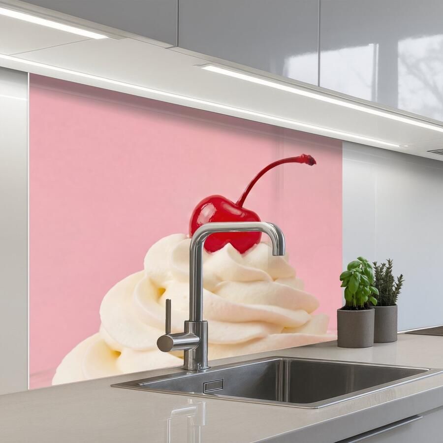 KitchenYeah Keuken achterwand 100x80 cm Spatscherm zelfklevend Kers Slagroom Roze Muurbeschermer Spatwand fornuis