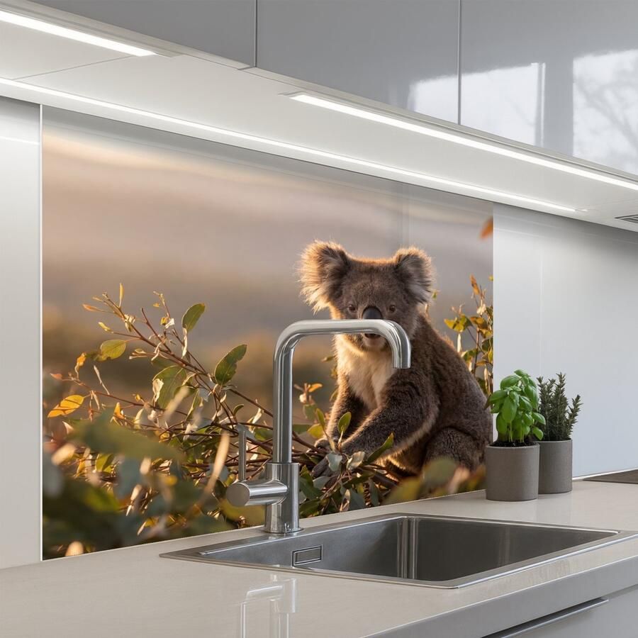 KitchenYeah Keuken achterwand 100x80 cm Spatscherm zelfklevend Koala Bladeren Ochtendlicht Muurbeschermer Spatwand fornuis