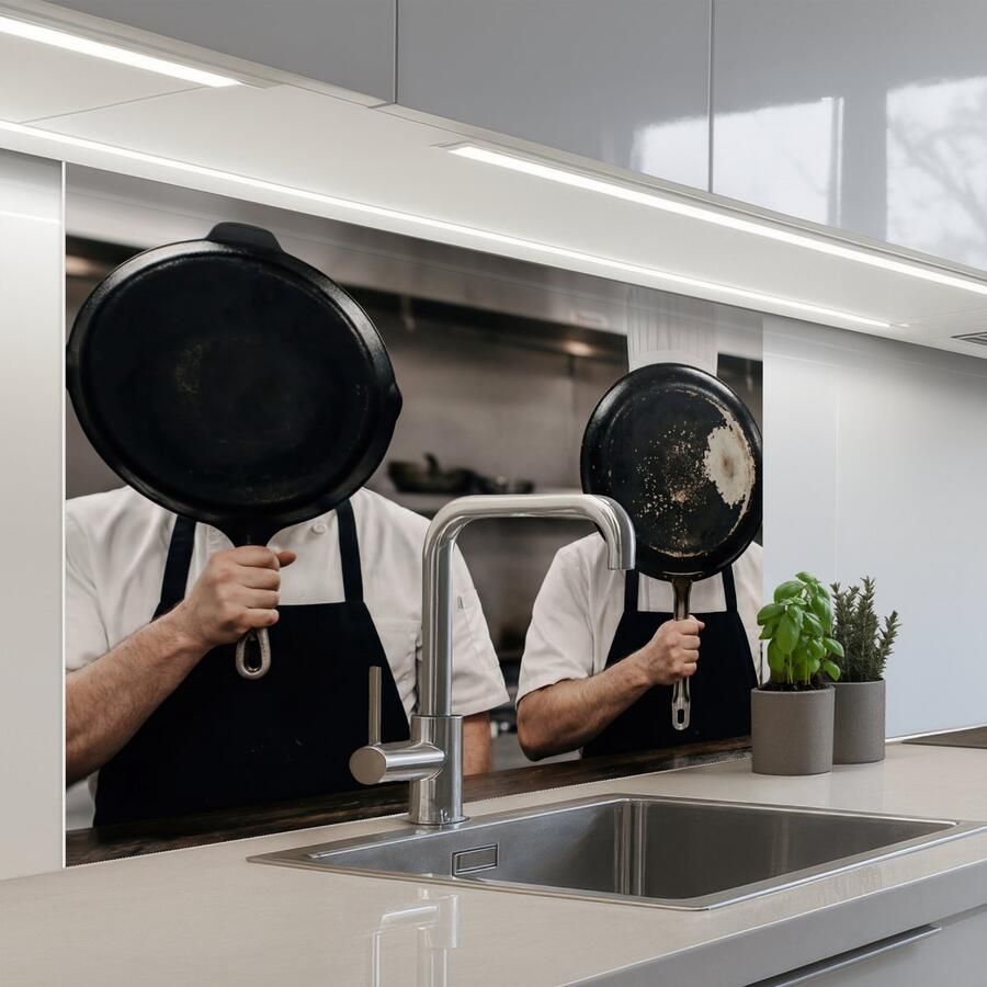 KitchenYeah Keuken achterwand 100x80 cm Spatscherm zelfklevend Koks Koekenpannen Keuken Muurbeschermer Spatwand fornuis