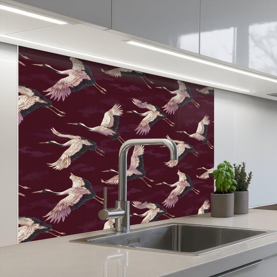 KitchenYeah Keuken achterwand 100x80 cm Spatscherm zelfklevend Kraanvogels Klassiek Bordeaux Muurbeschermer Spatwand fornuis