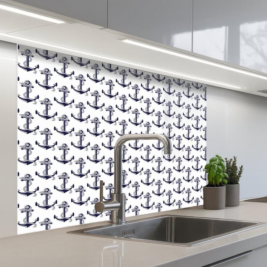 KitchenYeah Keuken achterwand 100x80 cm Spatscherm zelfklevend Oceaan Anker Blauw Wit Muurbeschermer Spatwand fornuis