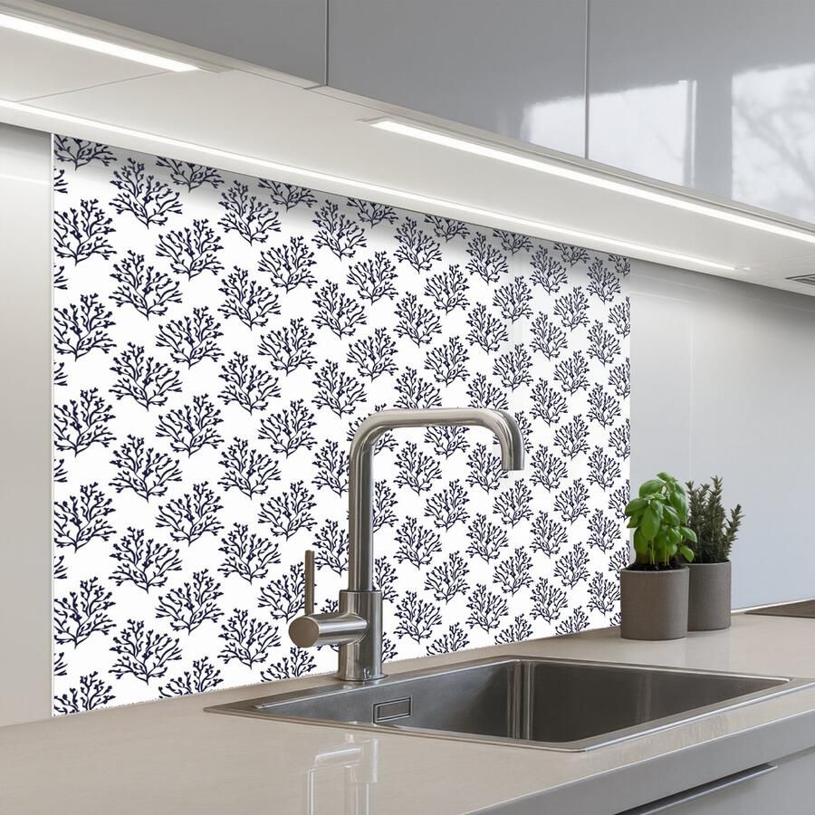 KitchenYeah Keuken achterwand 100x80 cm Spatscherm zelfklevend Oceaan Koraal Blauw Wit Muurbeschermer Spatwand fornuis