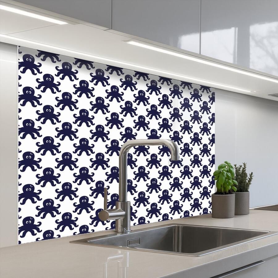 KitchenYeah Keuken achterwand 100x80 cm Spatscherm zelfklevend Oceaan Octo Blauw Wit Muurbeschermer Spatwand fornuis