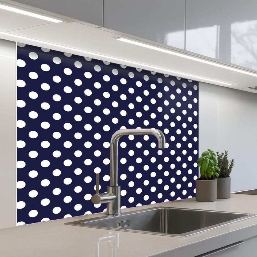 KitchenYeah Keuken achterwand 100x80 cm Spatscherm zelfklevend Oceaan Stippen Blauw Wit Muurbeschermer Spatwand fornuis