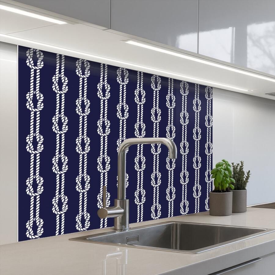 KitchenYeah Keuken achterwand 100x80 cm Spatscherm zelfklevend Oceaan Touw Blauw Wit Muurbeschermer Spatwand fornuis