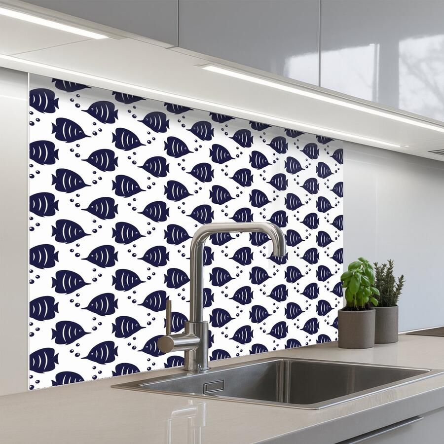 KitchenYeah Keuken achterwand 100x80 cm Spatscherm zelfklevend Oceaan Vis Blauw Wit Muurbeschermer Spatwand fornuis