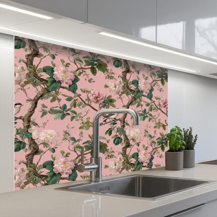KitchenYeah Keuken achterwand 100x80 cm Spatscherm zelfklevend Pioenrozen Botanisch Vogel Muurbeschermer Spatwand fornuis