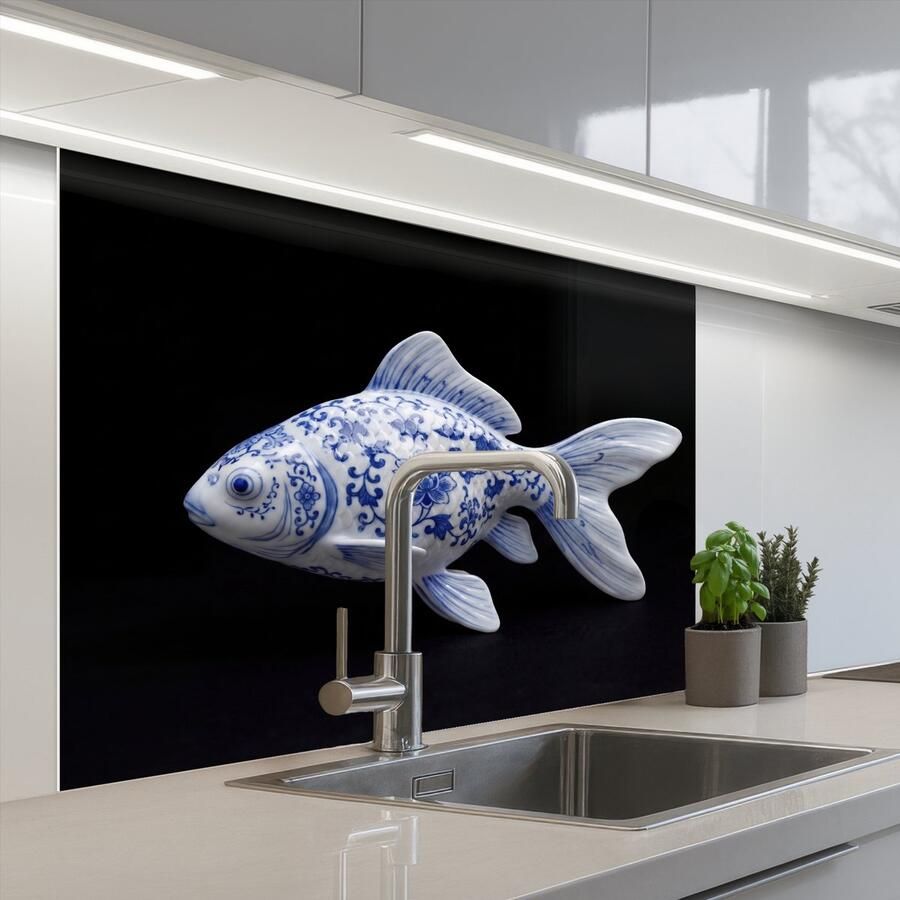KitchenYeah Keuken achterwand 100x80 cm Spatscherm zelfklevend Porselein Goudvis Delfts Blauw Muurbeschermer Spatwand fornuis
