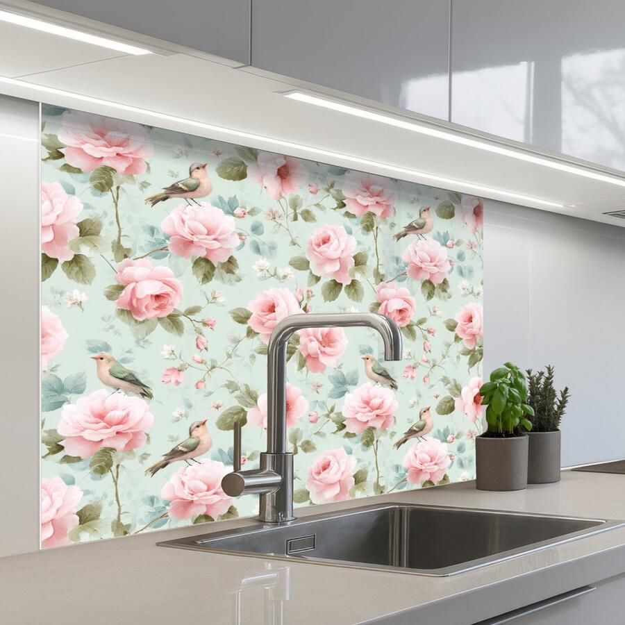 KitchenYeah Keuken achterwand 100x80 cm Spatscherm zelfklevend Rozen Vogels Pastel Kleurrijk Muurbeschermer Spatwand fornuis