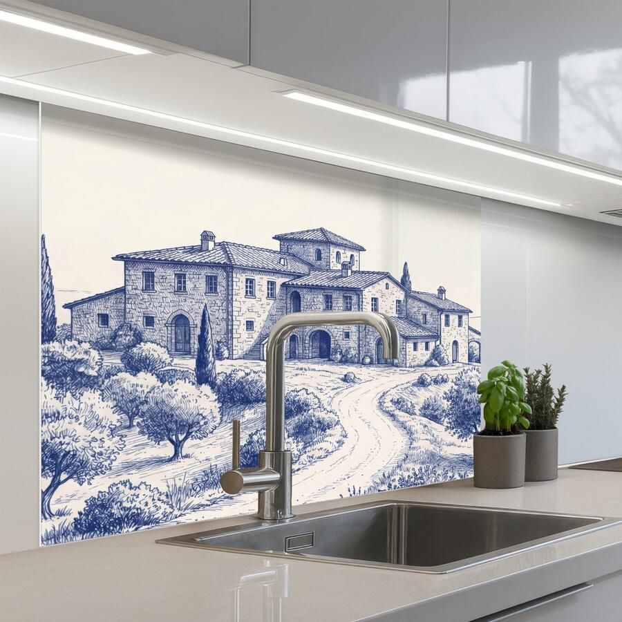 KitchenYeah Keuken achterwand 100x80 cm Spatscherm zelfklevend Rustiek Landgoed Blauw Muurbeschermer Spatwand fornuis