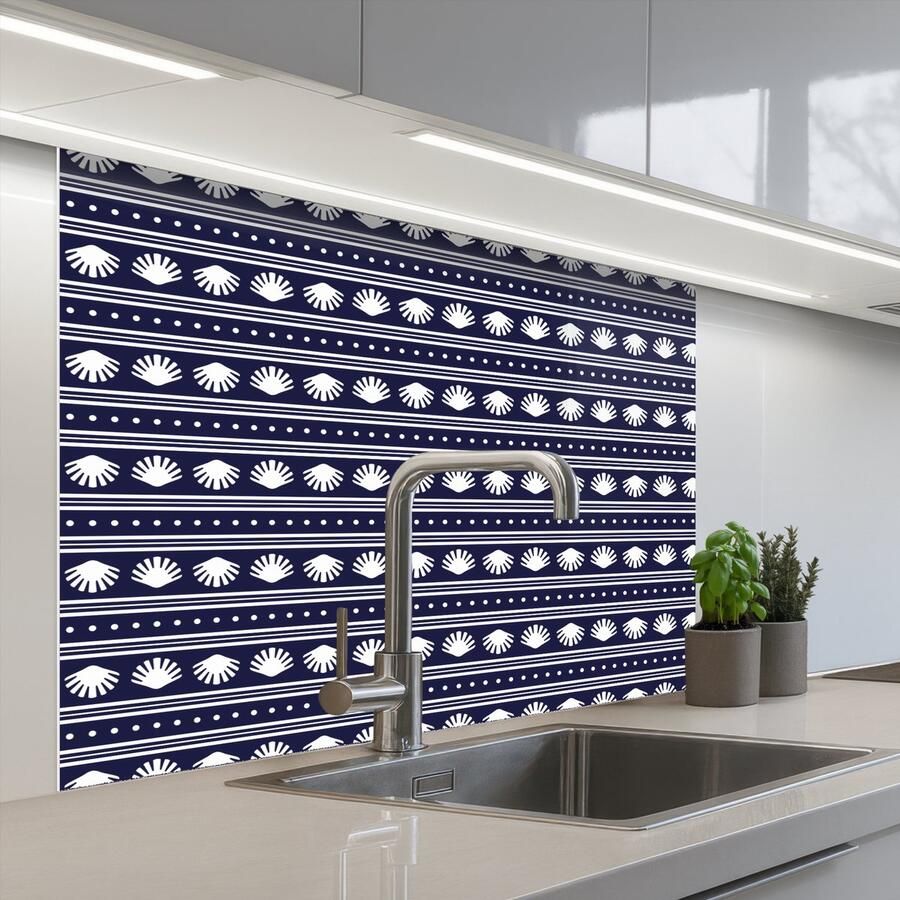 KitchenYeah Keuken achterwand 100x80 cm Spatscherm zelfklevend Schelp Nautisch Blauw Wit Muurbeschermer Spatwand fornuis