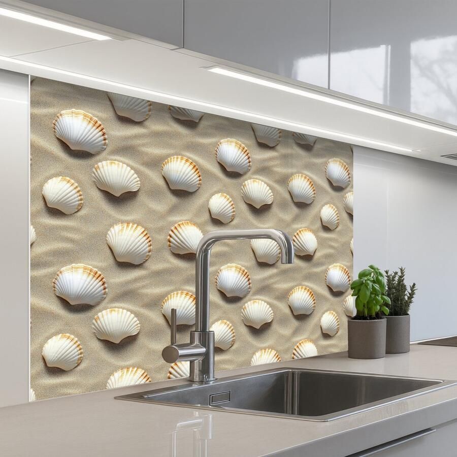 KitchenYeah Keuken achterwand 100x80 cm Spatscherm zelfklevend Schelpen Zand Maritiem Muurbeschermer Spatwand fornuis