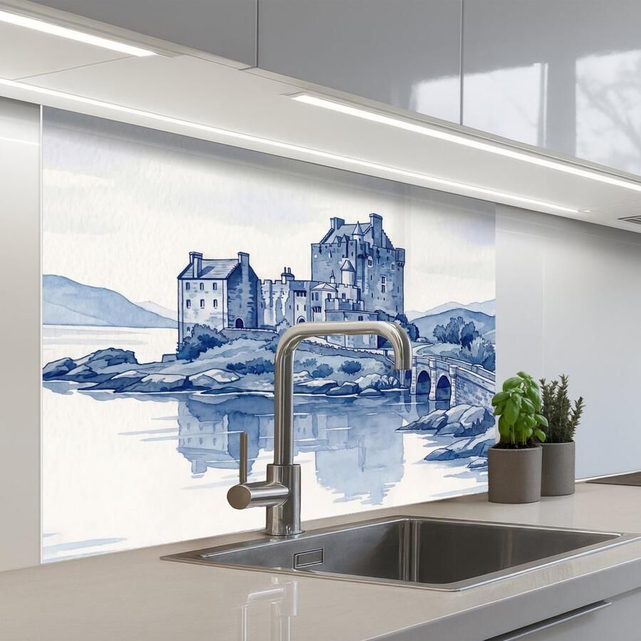 KitchenYeah Keuken achterwand 100x80 cm Spatscherm zelfklevend Schots Kasteel Blauw Aquarel Muurbeschermer Spatwand fornuis