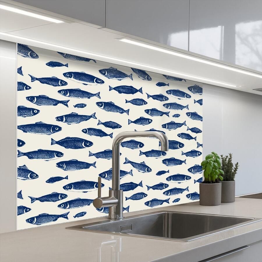 KitchenYeah Keuken achterwand 100x80 cm Spatscherm zelfklevend Vissen Patroon Blauw Wit Muurbeschermer Spatwand fornuis