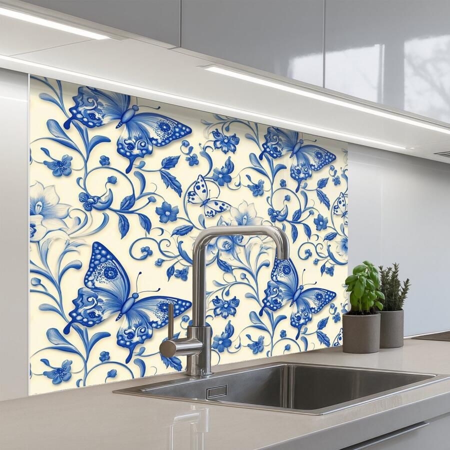 KitchenYeah Keuken achterwand 100x80 cm Spatscherm zelfklevend Vlinders Bloemen Blauw Botanisch Muurbeschermer Spatwand fornuis