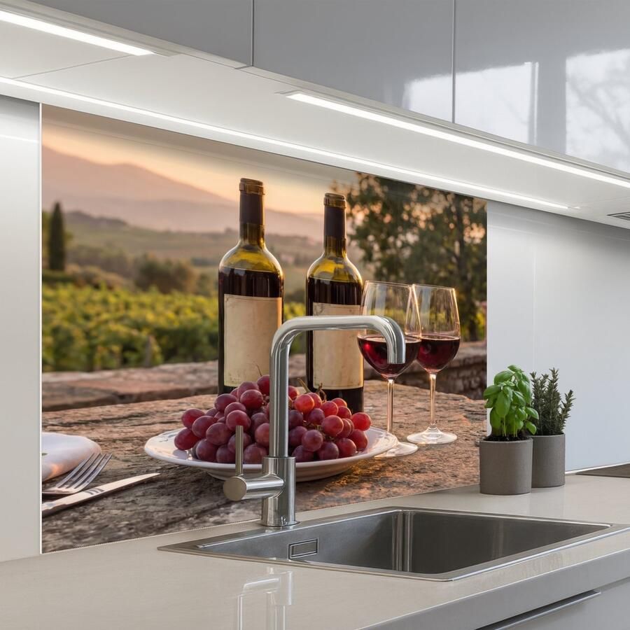 KitchenYeah Keuken achterwand 100x80 cm Spatscherm zelfklevend Wijn Glazen Druiven Wijngaard Muurbeschermer Spatwand fornuis