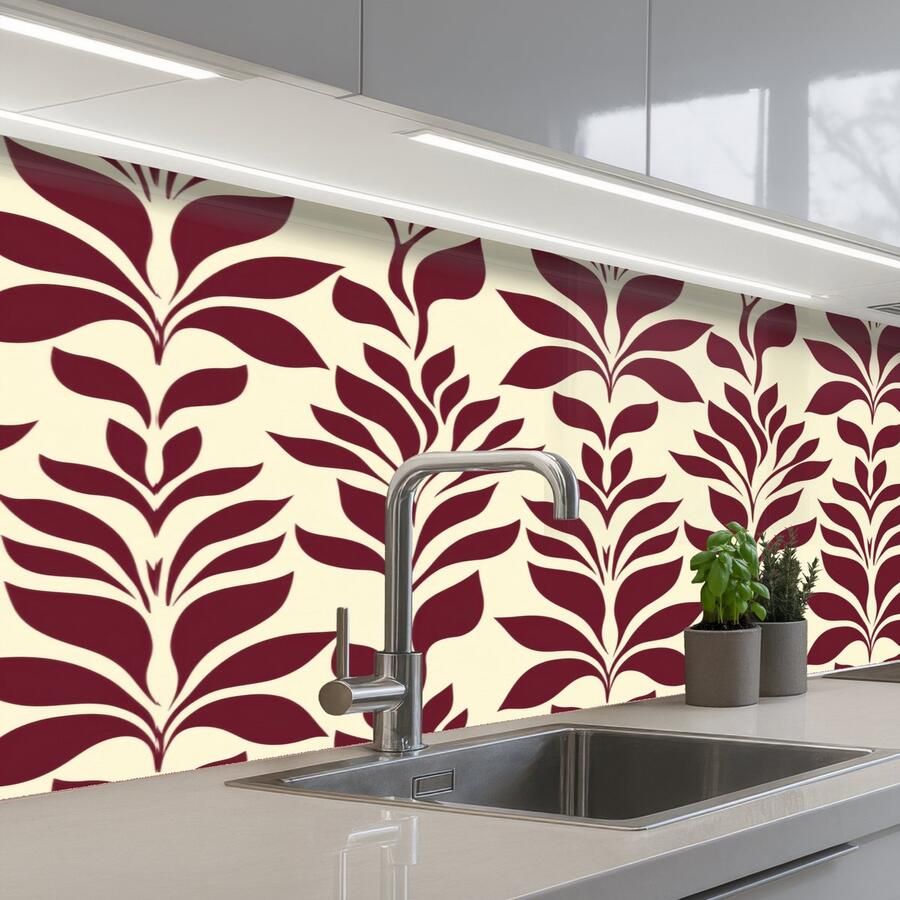 KitchenYeah Keuken achterwand 150x60 cm Spatscherm zelfklevend Abstract Bladeren Burgundy Muurbeschermer Spatwand fornuis