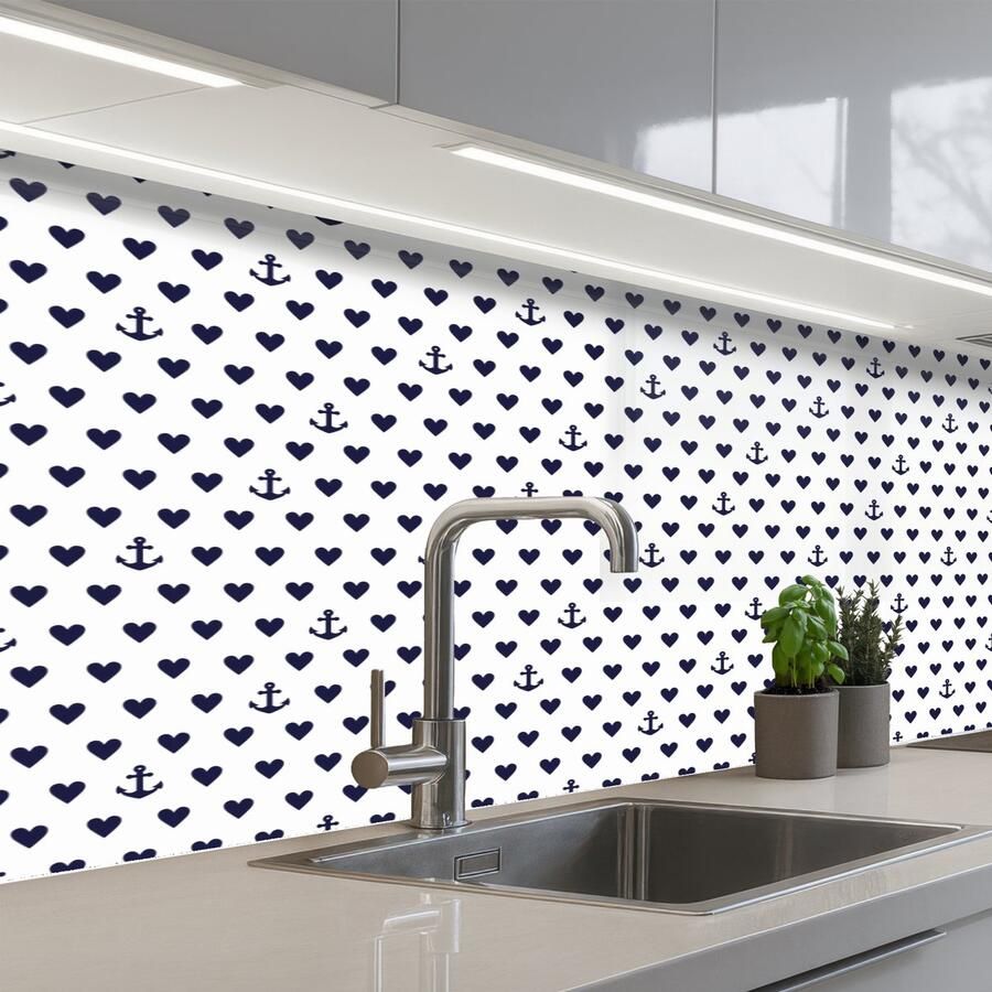 KitchenYeah Keuken achterwand 150x60 cm Spatscherm zelfklevend Anker Hart Blauw Wit Muurbeschermer Spatwand fornuis