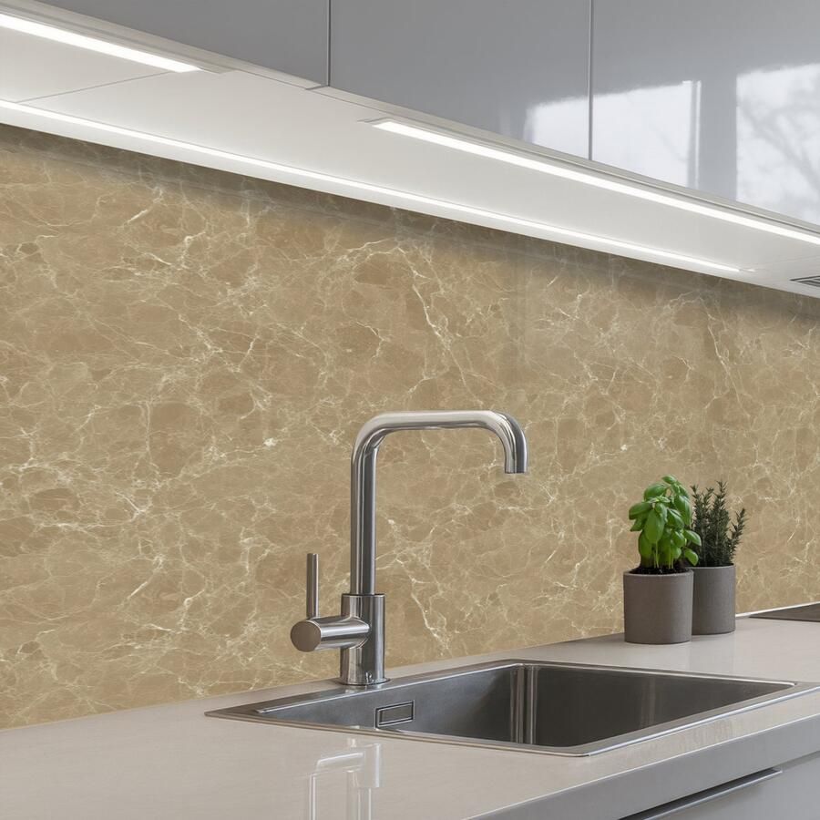 KitchenYeah Keuken achterwand 150x60 cm Spatscherm zelfklevend Beige Marmer print Witte aders Muurbeschermer Spatwand fornuis