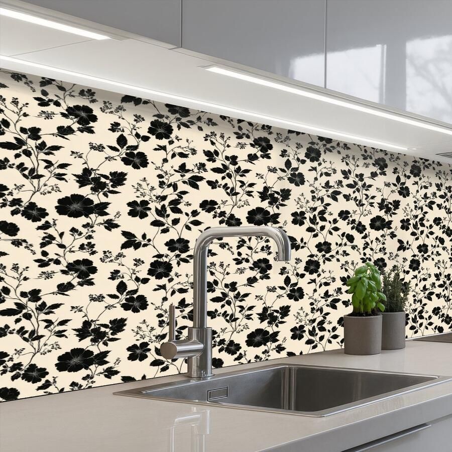 KitchenYeah Keuken achterwand 150x60 cm Spatscherm zelfklevend Bloemen Dessin Zwart Muurbeschermer Spatwand fornuis