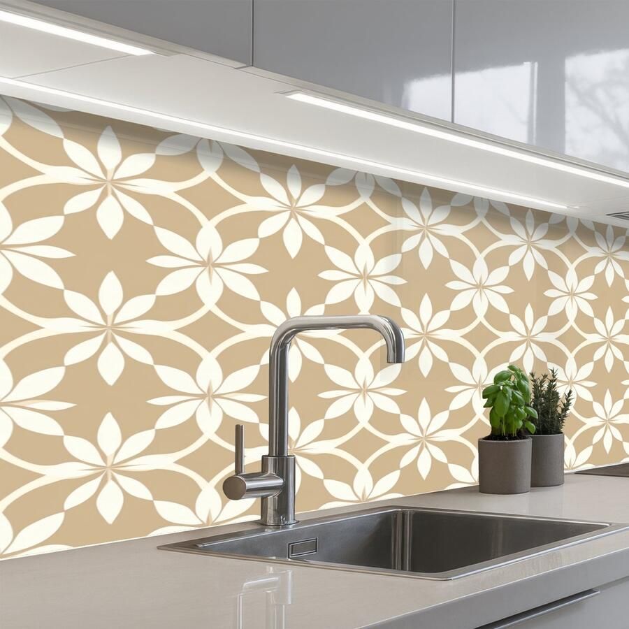 KitchenYeah Keuken achterwand 150x60 cm Spatscherm zelfklevend Bloemen Patroon Beige Muurbeschermer Spatwand fornuis