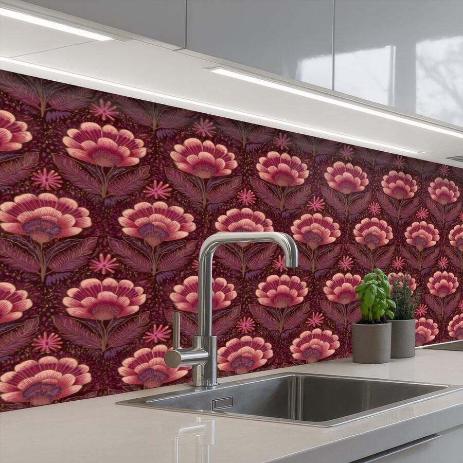 KitchenYeah Keuken achterwand 150x60 cm Spatscherm zelfklevend Bloemen Waaier Paars Muurbeschermer Spatwand fornuis