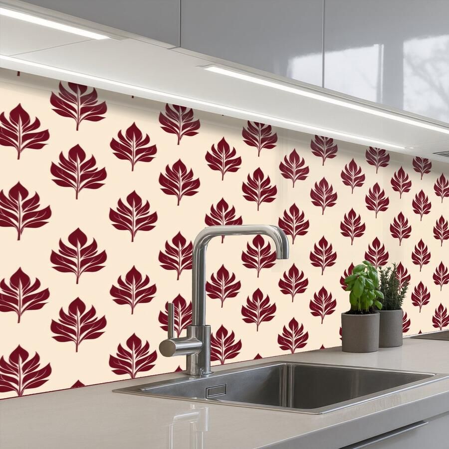 KitchenYeah Keuken achterwand 150x60 cm Spatscherm zelfklevend Botanisch Patroon Bordeaux Muurbeschermer Spatwand fornuis