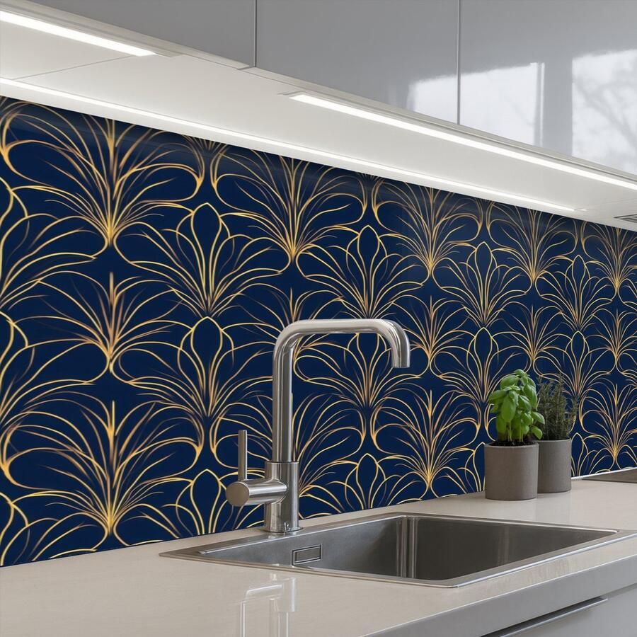 KitchenYeah Keuken achterwand 150x60 cm Spatscherm zelfklevend Deco Waaier Blauw Muurbeschermer Spatwand fornuis