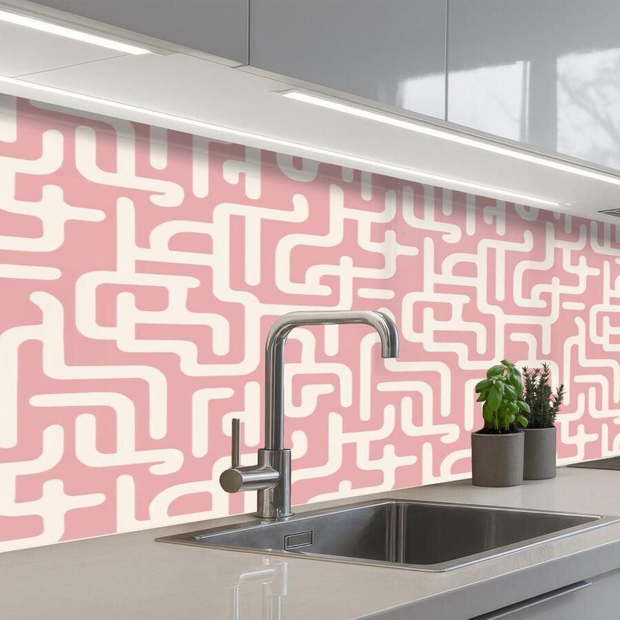 KitchenYeah Keuken achterwand 150x60 cm Spatscherm zelfklevend Doolhofpatroon Roze Wit Abstract Muurbeschermer Spatwand fornuis