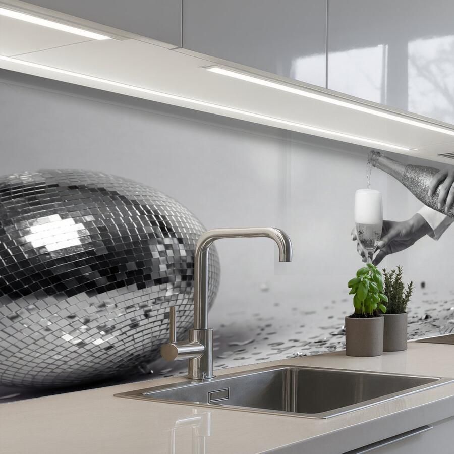 KitchenYeah Keuken achterwand 150x60 cm Spatscherm zelfklevend Feestelijk Champagne Discobal Muurbeschermer Spatwand fornuis