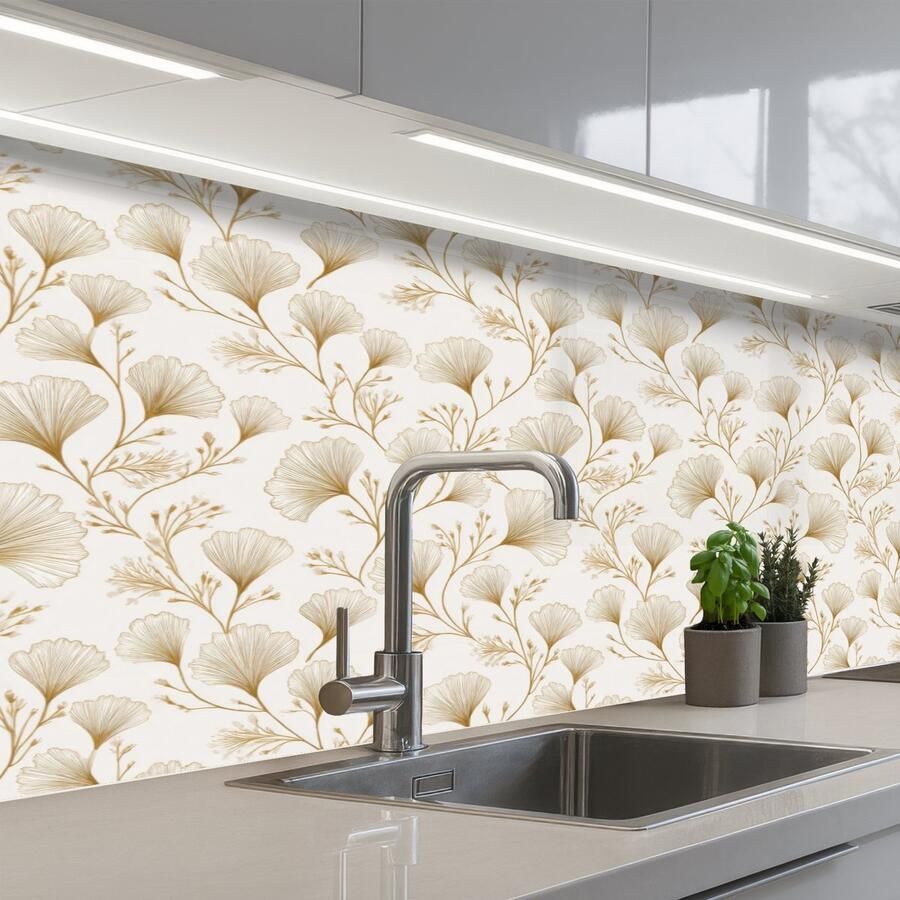 KitchenYeah Keuken achterwand 150x60 cm Spatscherm zelfklevend Ginkgo Takken Goud Muurbeschermer Spatwand fornuis