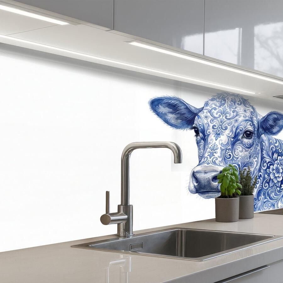KitchenYeah Keuken achterwand 150x60 cm Spatscherm zelfklevend Illustratie Koe Blauw Muurbeschermer Spatwand fornuis
