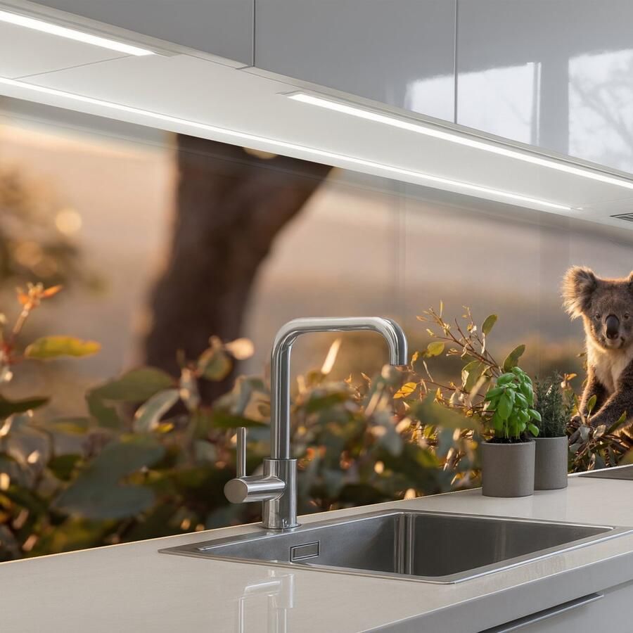 KitchenYeah Keuken achterwand 150x60 cm Spatscherm zelfklevend Koala Bladeren Ochtendlicht Muurbeschermer Spatwand fornuis