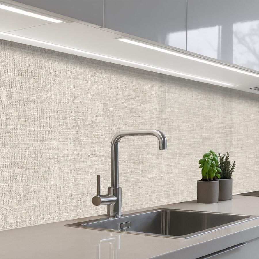KitchenYeah Keuken achterwand 150x60 cm Spatscherm zelfklevend Linnen Textuur Beige Muurbeschermer Spatwand fornuis