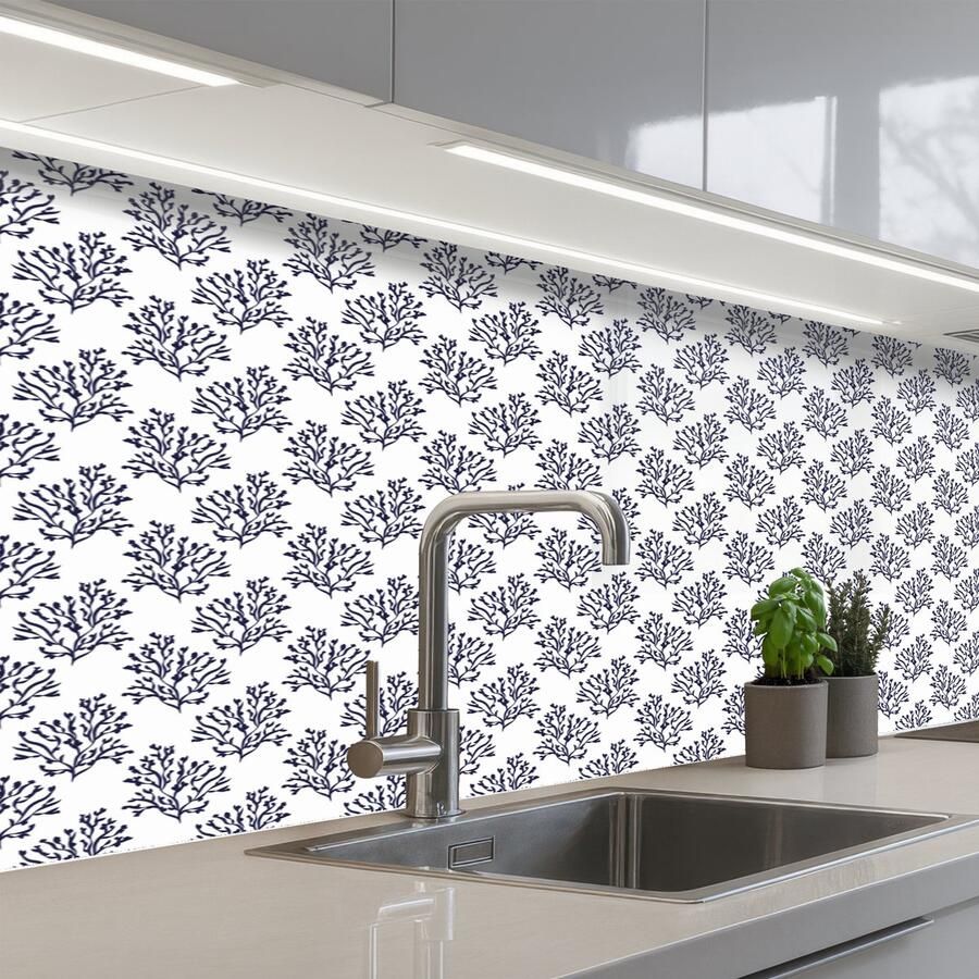 KitchenYeah Keuken achterwand 150x60 cm Spatscherm zelfklevend Oceaan Koraal Blauw Wit Muurbeschermer Spatwand fornuis