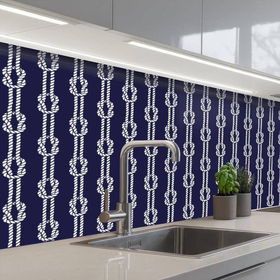 KitchenYeah Keuken achterwand 150x60 cm Spatscherm zelfklevend Oceaan Touw Blauw Wit Muurbeschermer Spatwand fornuis