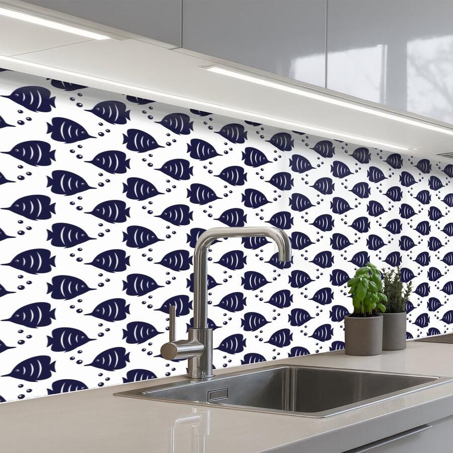 KitchenYeah Keuken achterwand 150x60 cm Spatscherm zelfklevend Oceaan Vis Blauw Wit Muurbeschermer Spatwand fornuis