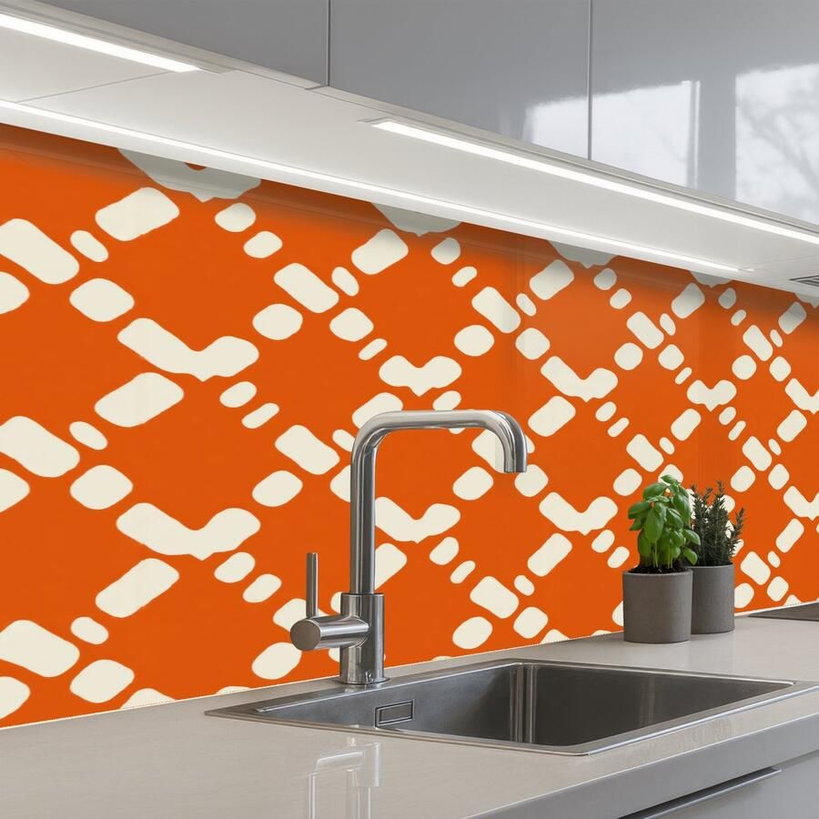 KitchenYeah Keuken achterwand 150x60 cm Spatscherm zelfklevend Oranje Ruitpatroon Wit Muurbeschermer Spatwand fornuis