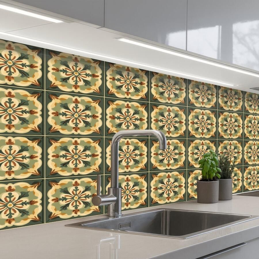 KitchenYeah Keuken achterwand 150x60 cm Spatscherm zelfklevend Ornament Patroon Groen Muurbeschermer Spatwand fornuis