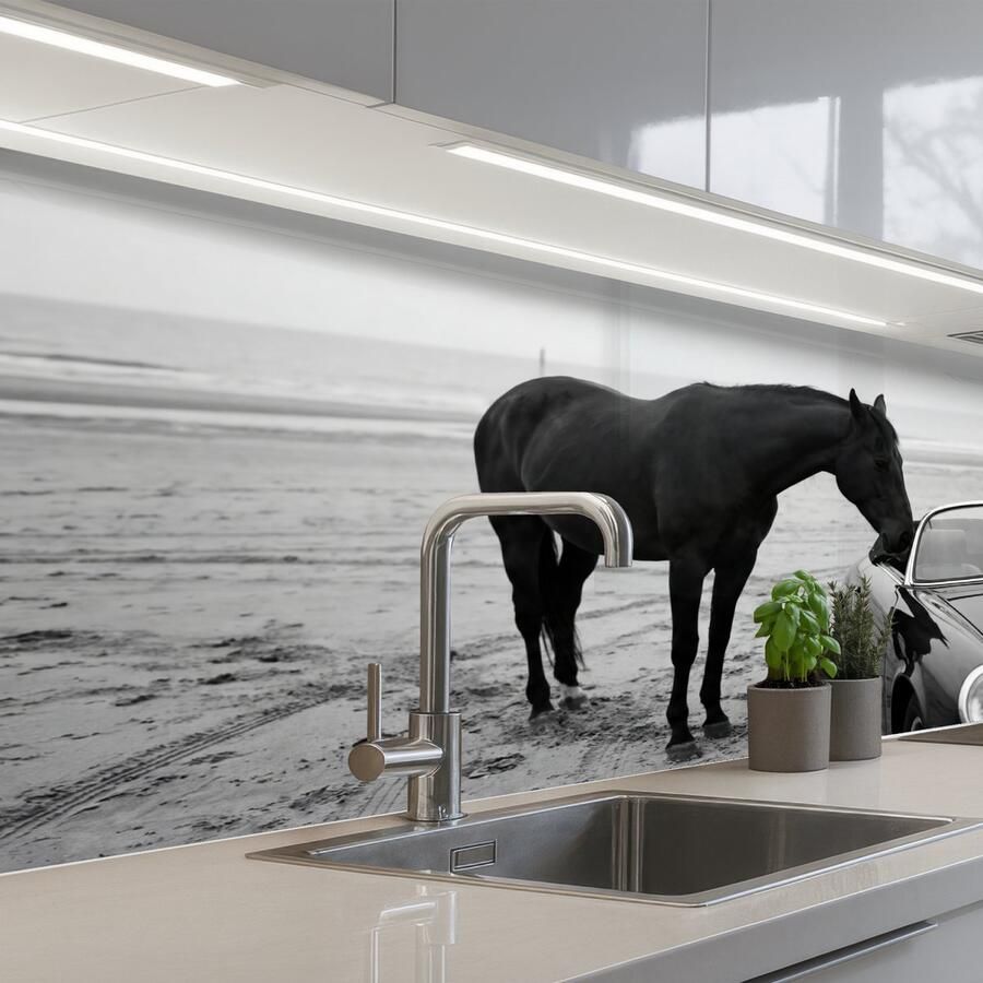 KitchenYeah Keuken achterwand 150x60 cm Spatscherm zelfklevend Paard Auto Zwart Wit Muurbeschermer Spatwand fornuis