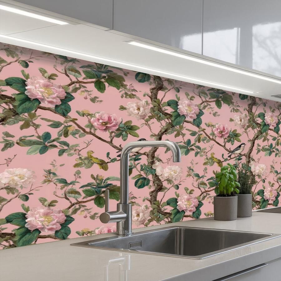 KitchenYeah Keuken achterwand 150x60 cm Spatscherm zelfklevend Pioenrozen Botanisch Vogel Muurbeschermer Spatwand fornuis