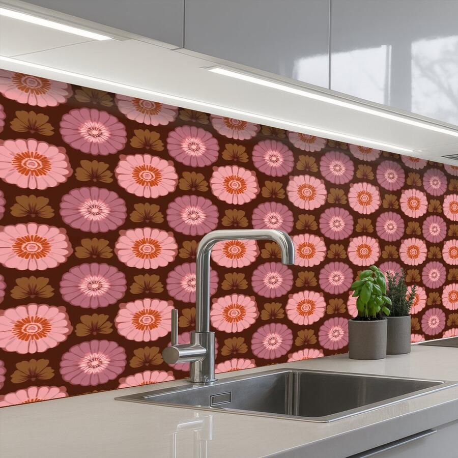 KitchenYeah Keuken achterwand 150x60 cm Spatscherm zelfklevend Retro Madelief Roze Muurbeschermer Spatwand fornuis