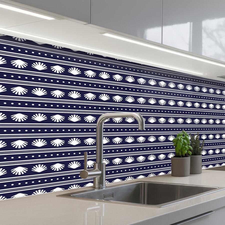 KitchenYeah Keuken achterwand 150x60 cm Spatscherm zelfklevend Schelp Nautisch Blauw Wit Muurbeschermer Spatwand fornuis